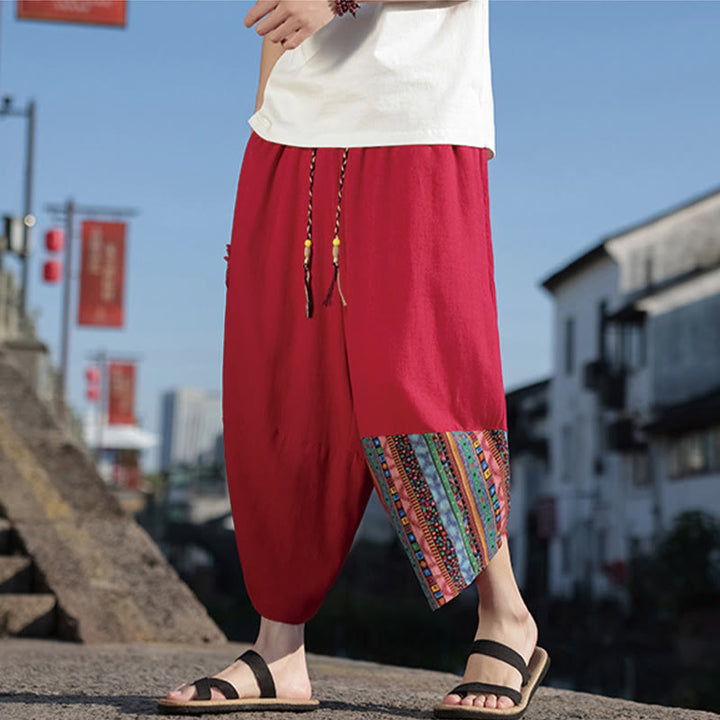 Pantalon large en coton avec cordon de serrage et poches pour homme, motif patchwork bohème et Buddha Stones