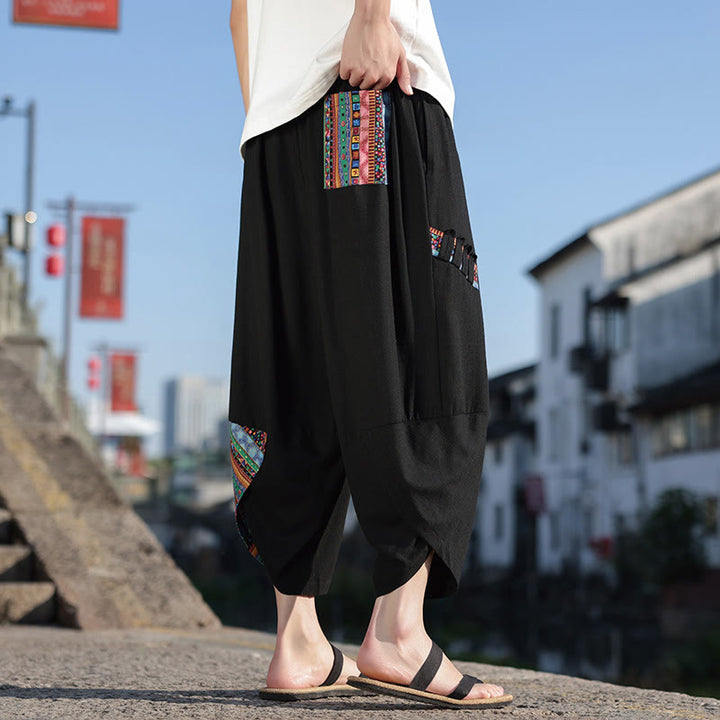 Pantalon large en coton avec cordon de serrage et poches pour homme, motif patchwork bohème et Buddha Stones
