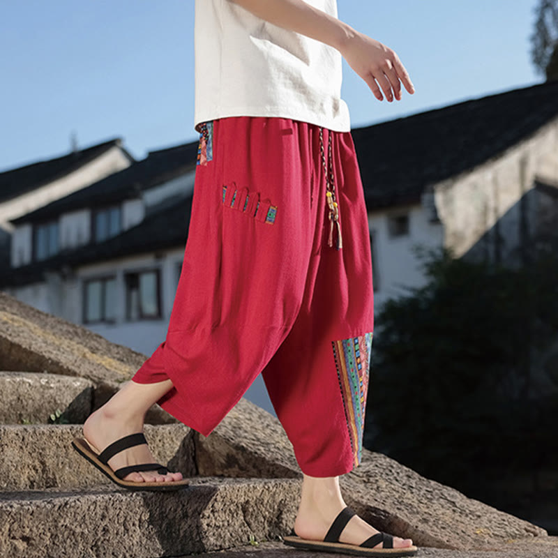 Pantalon large en coton avec cordon de serrage et poches pour homme, motif patchwork bohème et Buddha Stones