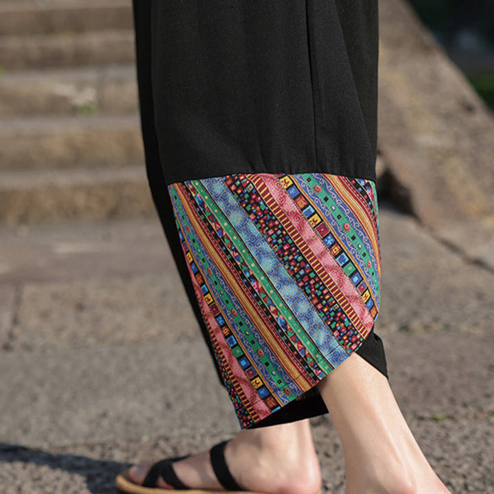 Pantalon large en coton avec cordon de serrage et poches pour homme, motif patchwork bohème et Buddha Stones