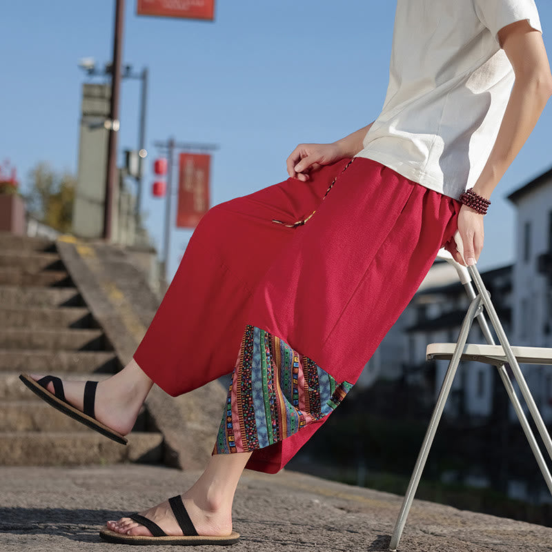 Pantalon large en coton avec cordon de serrage et poches pour homme, motif patchwork bohème et Buddha Stones