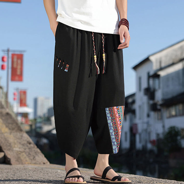 Pantalon large en coton avec cordon de serrage et poches pour homme, motif patchwork bohème et Buddha Stones