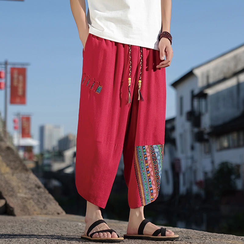Pantalon large en coton avec cordon de serrage et poches pour homme, motif patchwork bohème et Buddha Stones