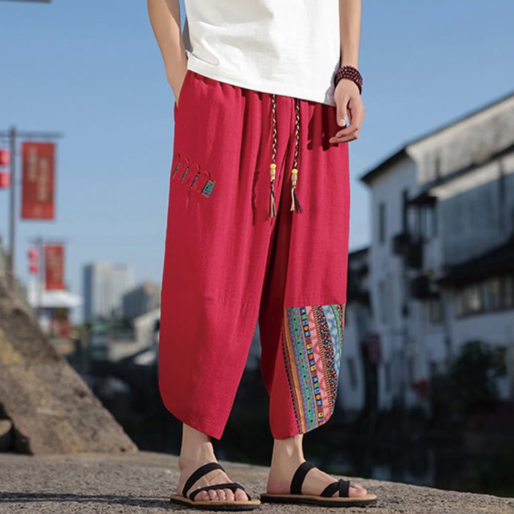 Pantalon large en coton avec cordon de serrage et poches pour homme, motif patchwork bohème et Buddha Stones
