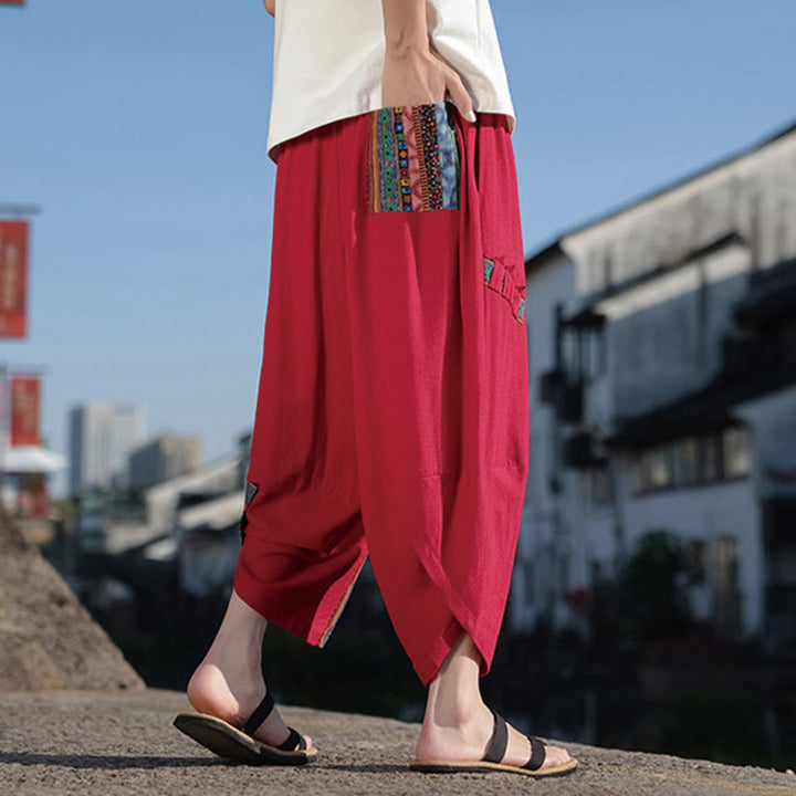 Pantalon large en coton avec cordon de serrage et poches pour homme, motif patchwork bohème et Buddha Stones