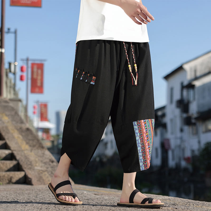 Pantalon large en coton avec cordon de serrage et poches pour homme, motif patchwork bohème et Buddha Stones