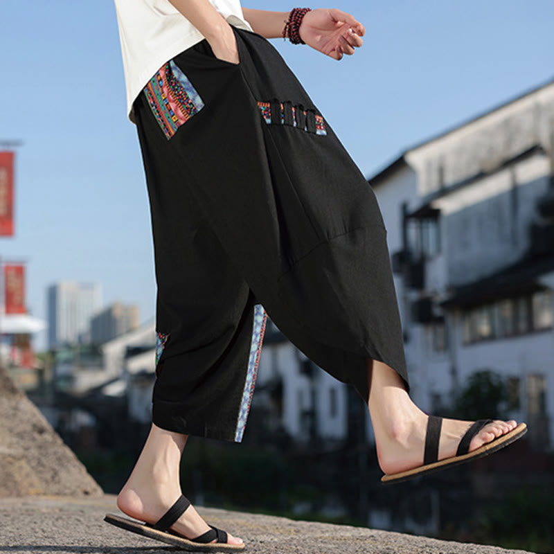 Pantalon large en coton avec cordon de serrage et poches pour homme, motif patchwork bohème et Buddha Stones