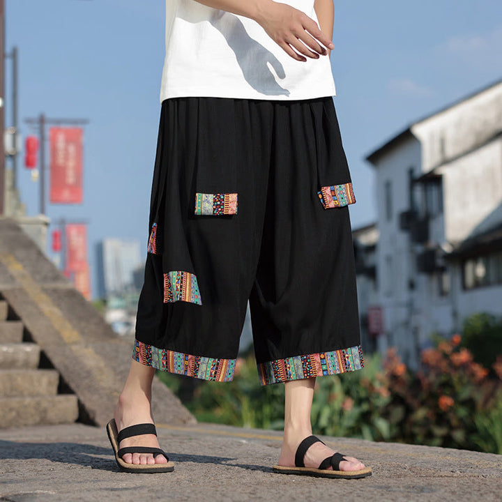 Pantalon d'été ethnique Buddha Stones, coupe courte, en coton, jambes larges, avec poches, longueur 7-8