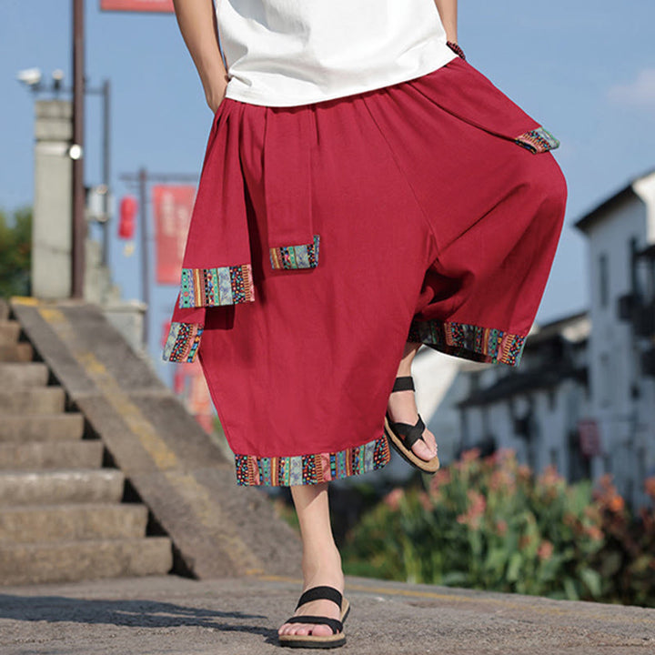 Pantalon d'été ethnique Buddha Stones, coupe courte, en coton, jambes larges, avec poches, longueur 7-8