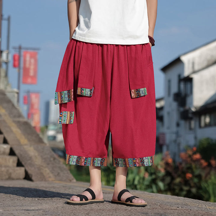 Pantalon d'été ethnique Buddha Stones, coupe courte, en coton, jambes larges, avec poches, longueur 7-8