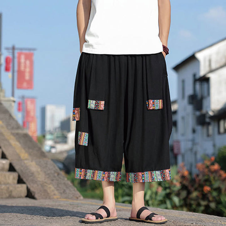 Pantalon d'été ethnique Buddha Stones, coupe courte, en coton, jambes larges, avec poches, longueur 7-8 - Noir - US/UK/AU46，EU56 (5XL) - image 0