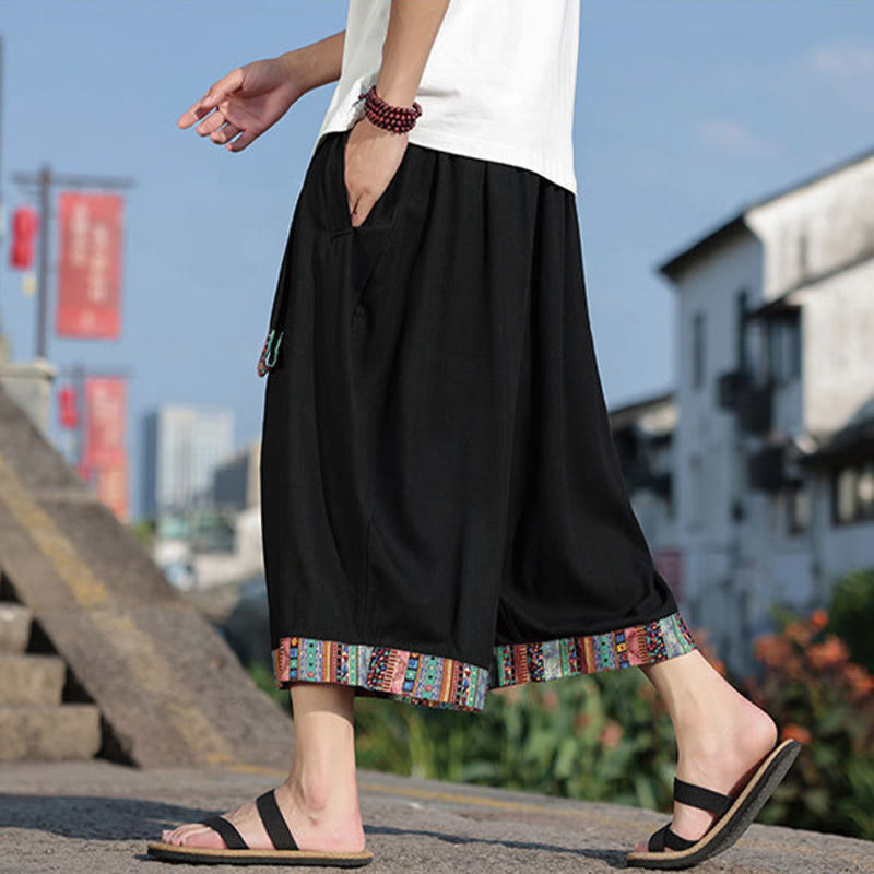 Pantalon d'été ethnique Buddha Stones, coupe courte, en coton, jambes larges, avec poches, longueur 7-8