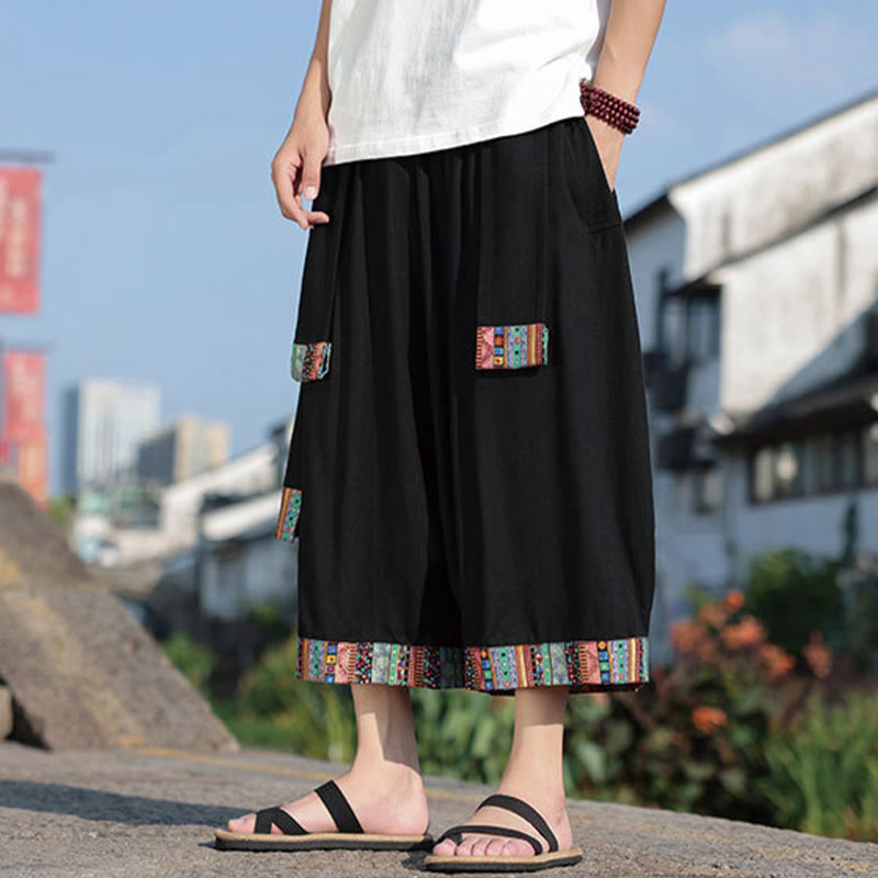 Pantalon d'été ethnique Buddha Stones, coupe courte, en coton, jambes larges, avec poches, longueur 7-8
