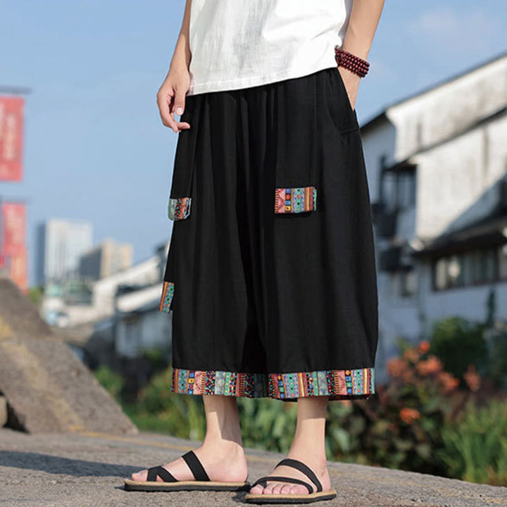 Pantalon d'été ethnique Buddha Stones, coupe courte, en coton, jambes larges, avec poches, longueur 7-8