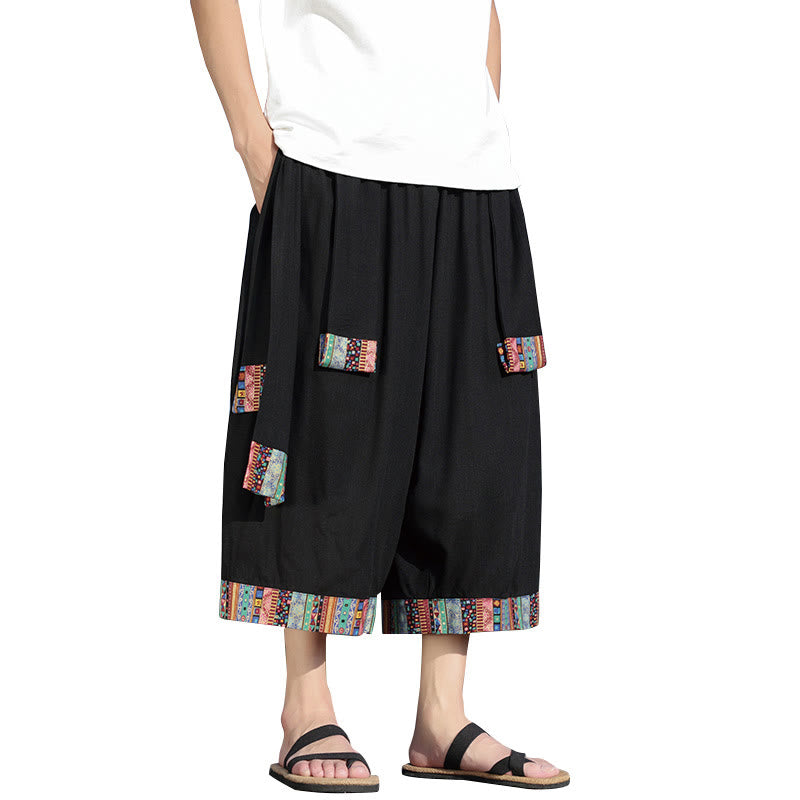 Pantalon d'été ethnique Buddha Stones, coupe courte, en coton, jambes larges, avec poches, longueur 7-8