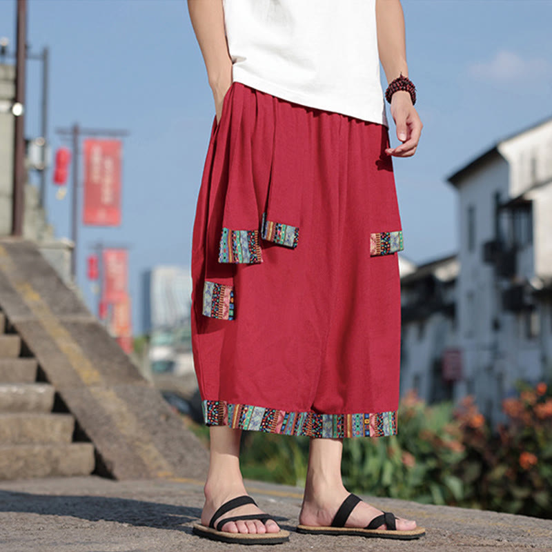 Pantalon d'été ethnique Buddha Stones, coupe courte, en coton, jambes larges, avec poches, longueur 7-8