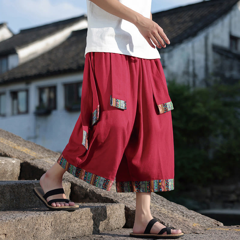 Pantalon d'été ethnique Buddha Stones, coupe courte, en coton, jambes larges, avec poches, longueur 7-8