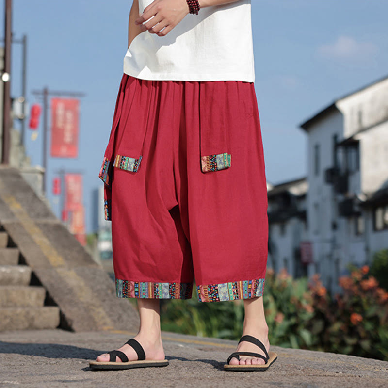 Pantalon d'été ethnique Buddha Stones, coupe courte, en coton, jambes larges, avec poches, longueur 7-8