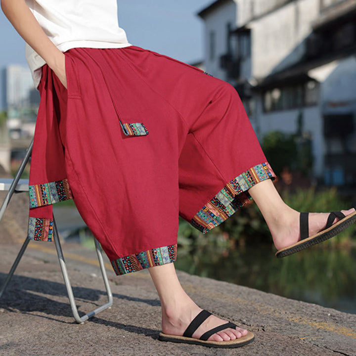 Pantalon d'été ethnique Buddha Stones, coupe courte, en coton, jambes larges, avec poches, longueur 7-8