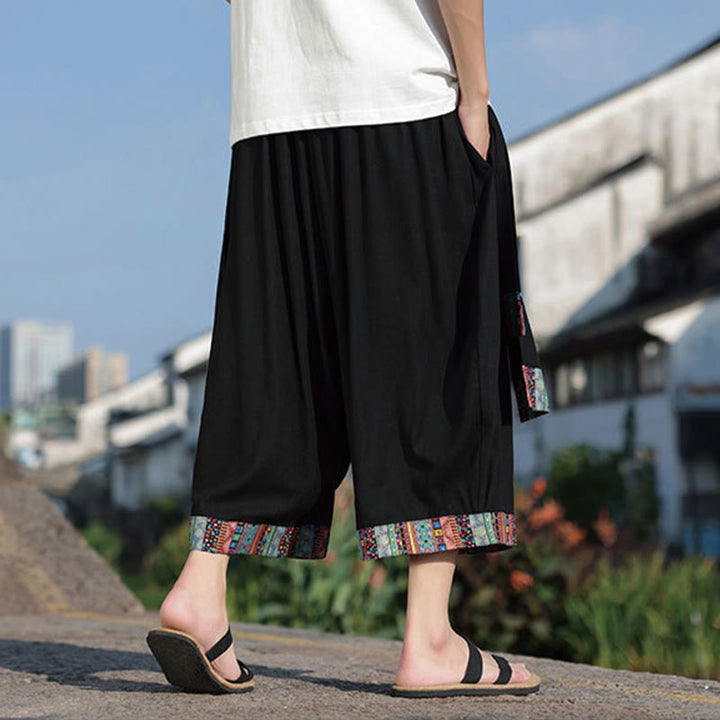 Pantalon d'été ethnique Buddha Stones, coupe courte, en coton, jambes larges, avec poches, longueur 7-8