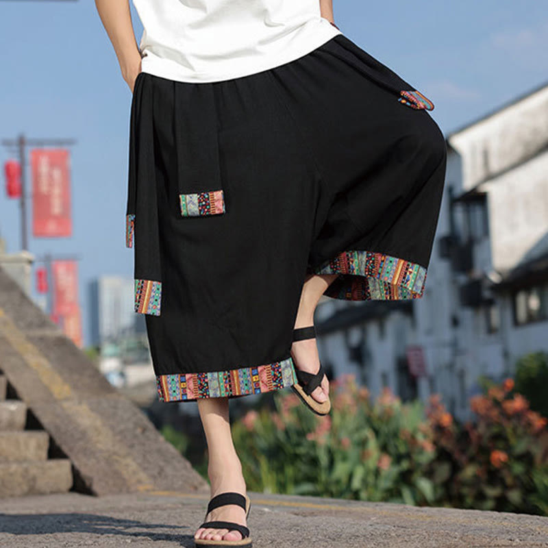 Pantalon d'été ethnique Buddha Stones, coupe courte, en coton, jambes larges, avec poches, longueur 7-8