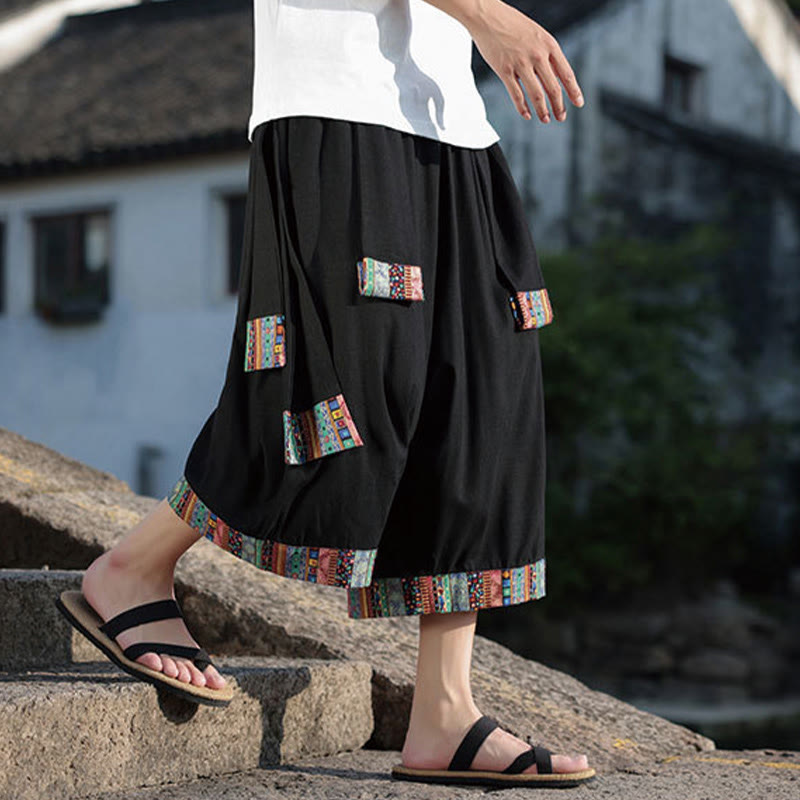 Pantalon d'été ethnique Buddha Stones, coupe courte, en coton, jambes larges, avec poches, longueur 7-8
