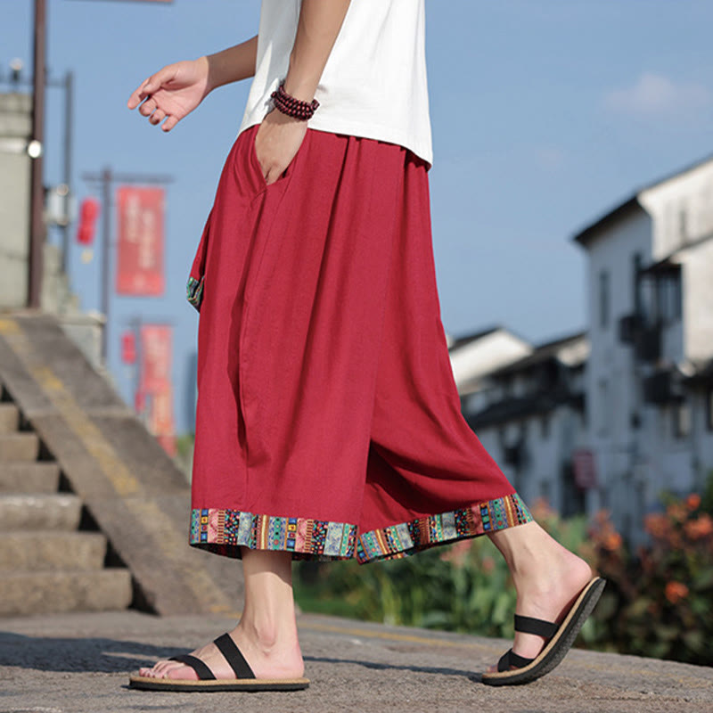 Pantalon d'été ethnique Buddha Stones, coupe courte, en coton, jambes larges, avec poches, longueur 7-8
