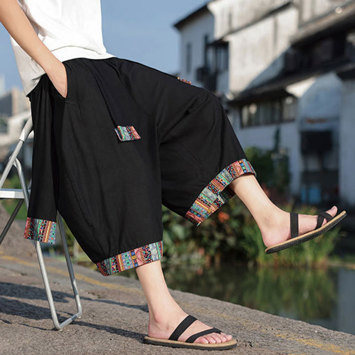 Pantalon d'été ethnique Buddha Stones, coupe courte, en coton, jambes larges, avec poches, longueur 7-8