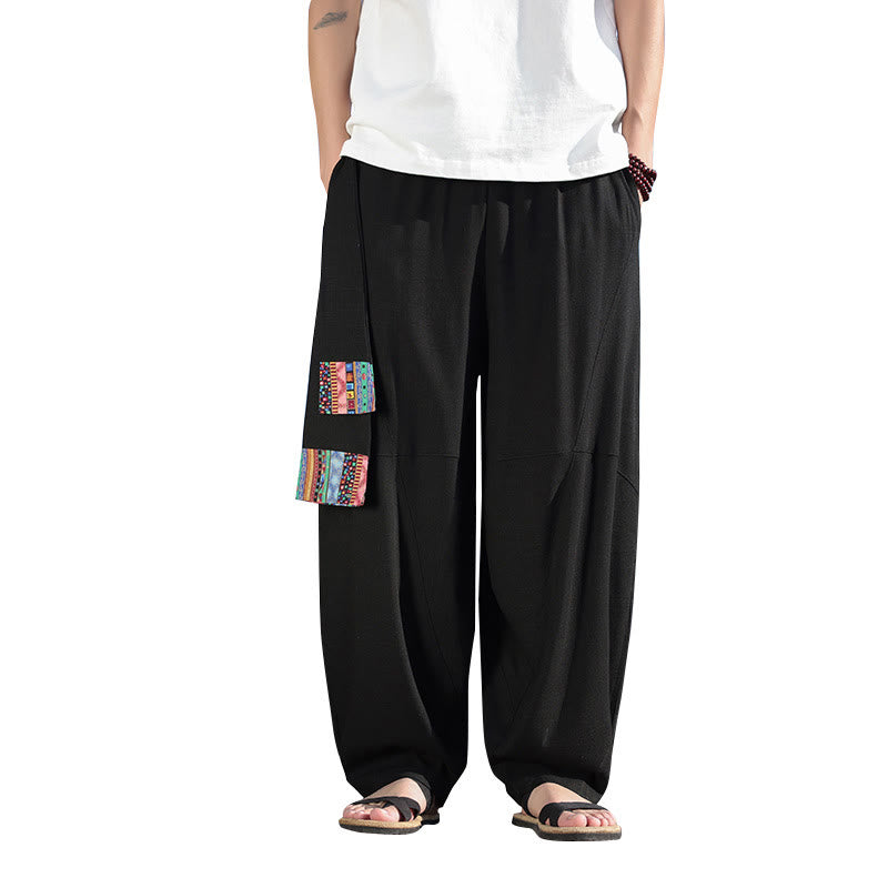 Pantalon large en coton doux avec cordon de serrage et poches pour homme, motif patchwork simple et Buddha Stones