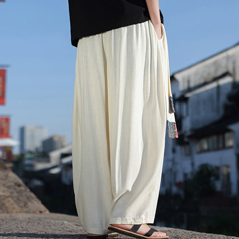 Pantalon large en coton doux avec cordon de serrage et poches pour homme, motif patchwork simple et Buddha Stones
