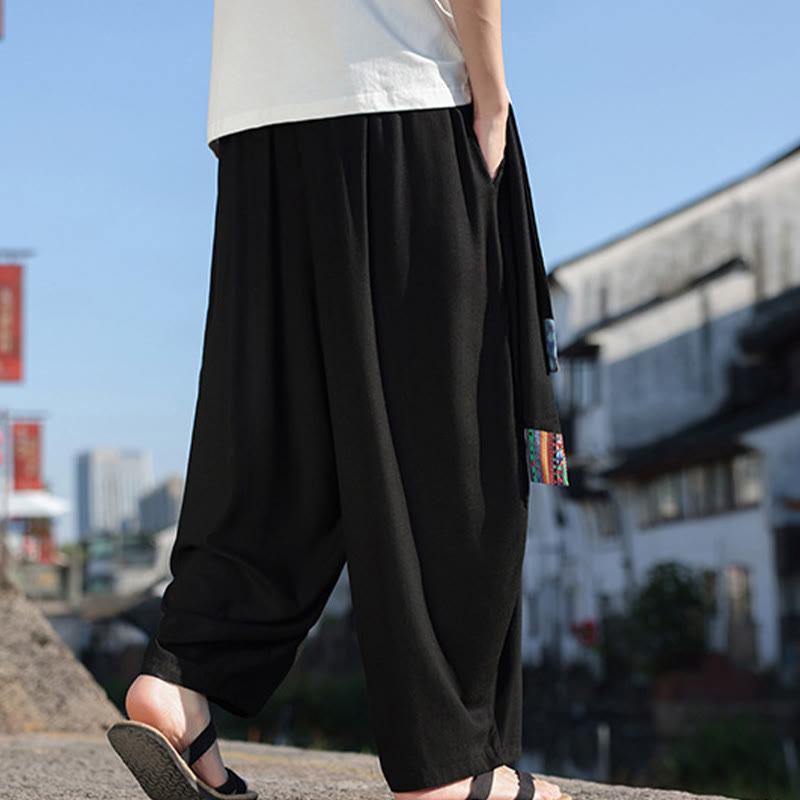 Pantalon large en coton doux avec cordon de serrage et poches pour homme, motif patchwork simple et Buddha Stones