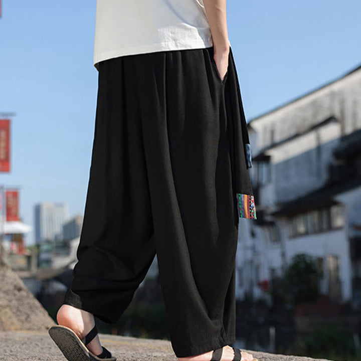 Pantalon large en coton doux avec cordon de serrage et poches pour homme, motif patchwork simple et Buddha Stones