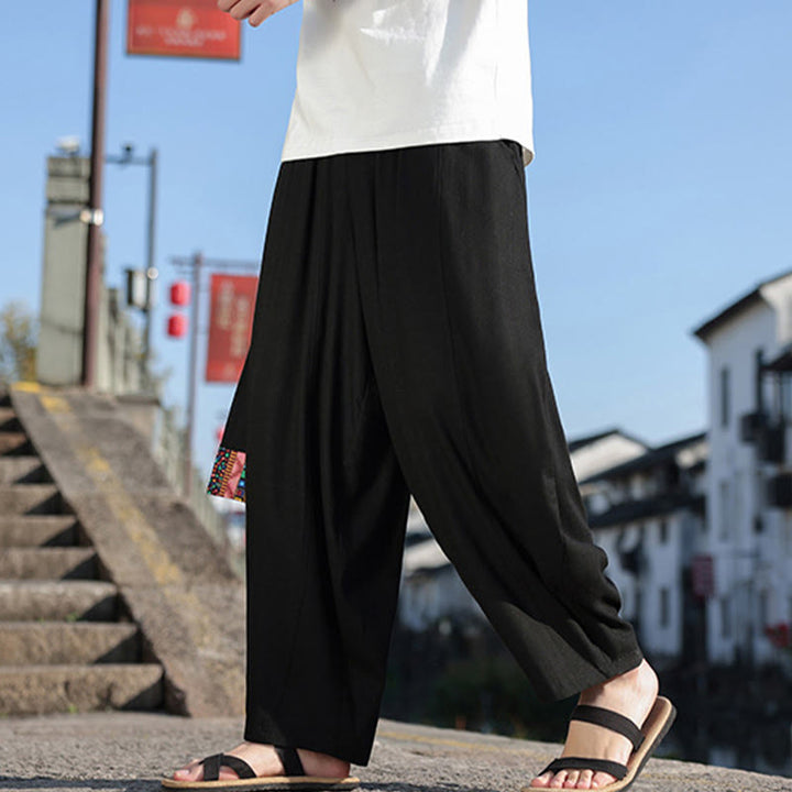 Pantalon large en coton doux avec cordon de serrage et poches pour homme, motif patchwork simple et Buddha Stones