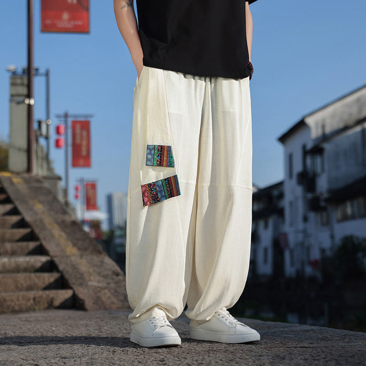 Pantalon large en coton doux avec cordon de serrage et poches pour homme, motif patchwork simple et Buddha Stones