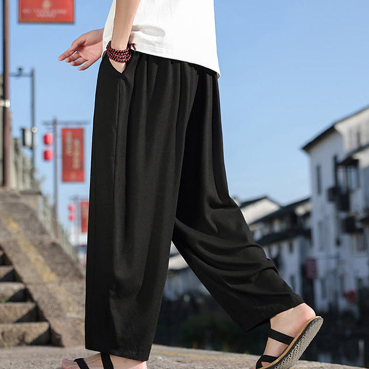 Pantalon large en coton doux avec cordon de serrage et poches pour homme, motif patchwork simple et Buddha Stones - image 12