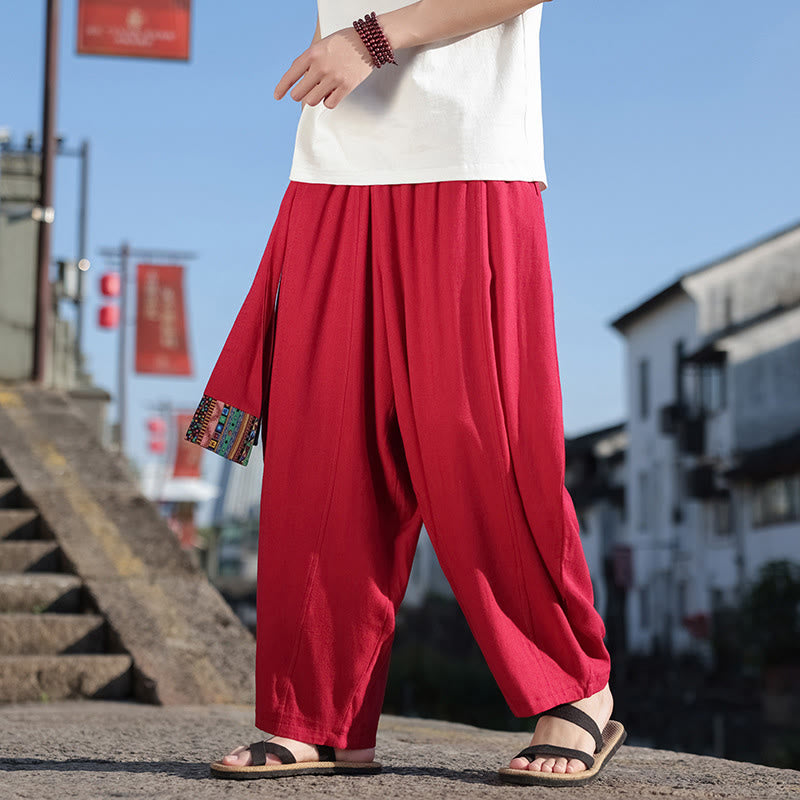 Pantalon large en coton doux avec cordon de serrage et poches pour homme, motif patchwork simple et Buddha Stones