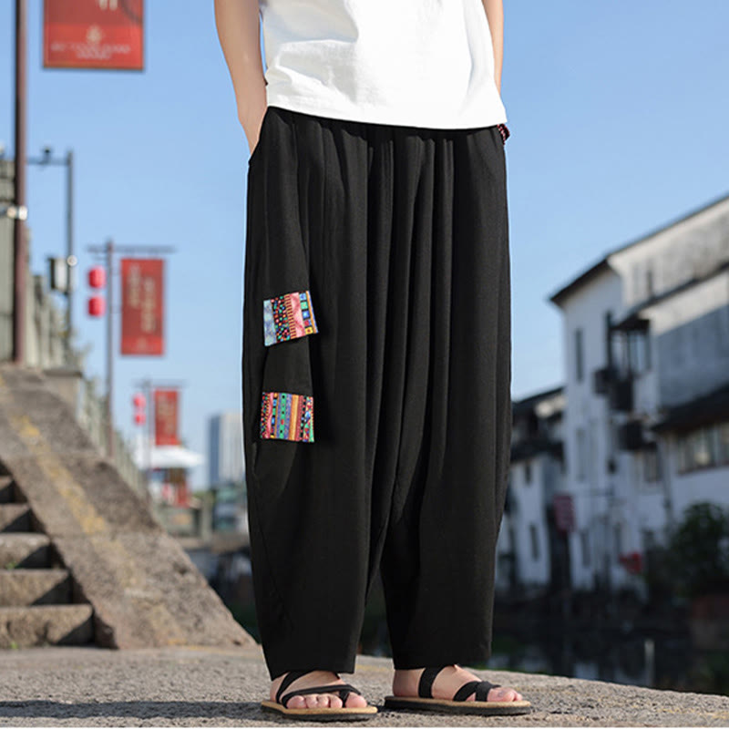 Pantalon large en coton doux avec cordon de serrage et poches pour homme, motif patchwork simple et Buddha Stones