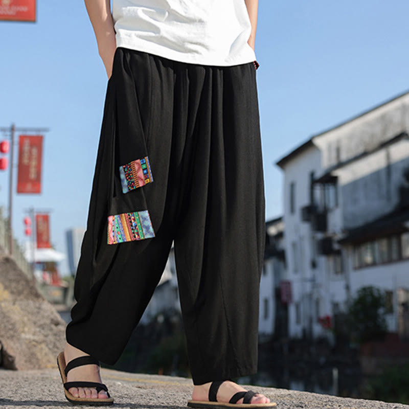 Pantalon large en coton doux avec cordon de serrage et poches pour homme, motif patchwork simple et Buddha Stones
