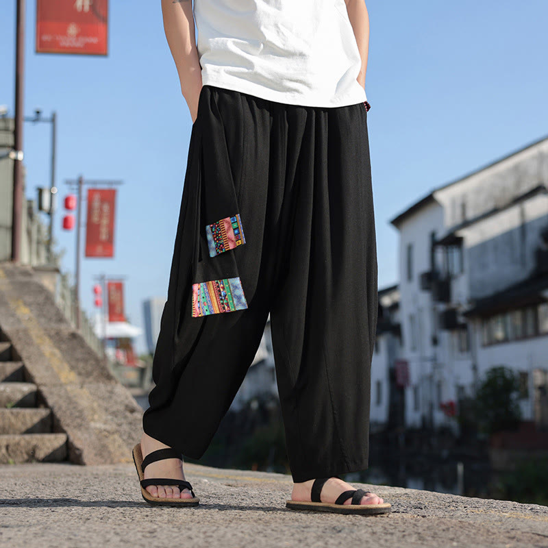Pantalon large en coton doux avec cordon de serrage et poches pour homme, motif patchwork simple et Buddha Stones