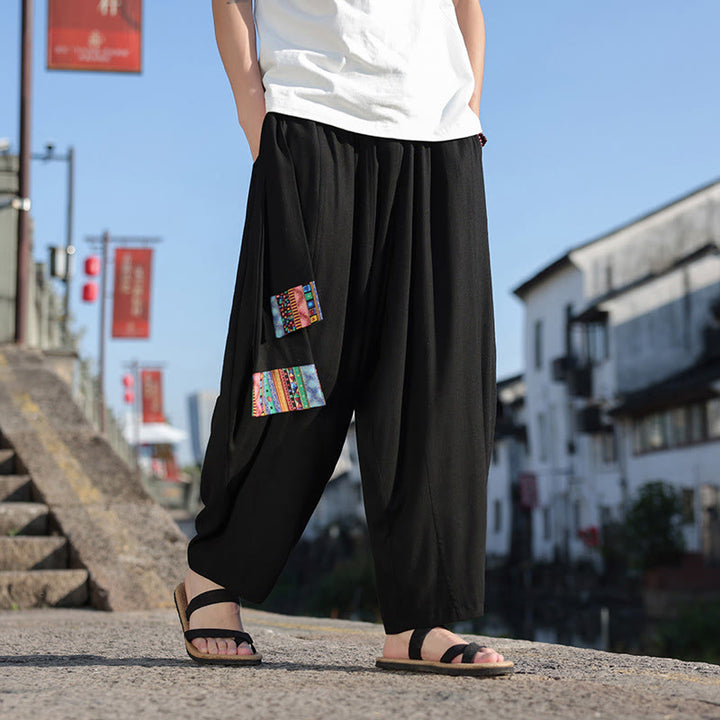 Pantalon large en coton doux avec cordon de serrage et poches pour homme, motif patchwork simple et Buddha Stones