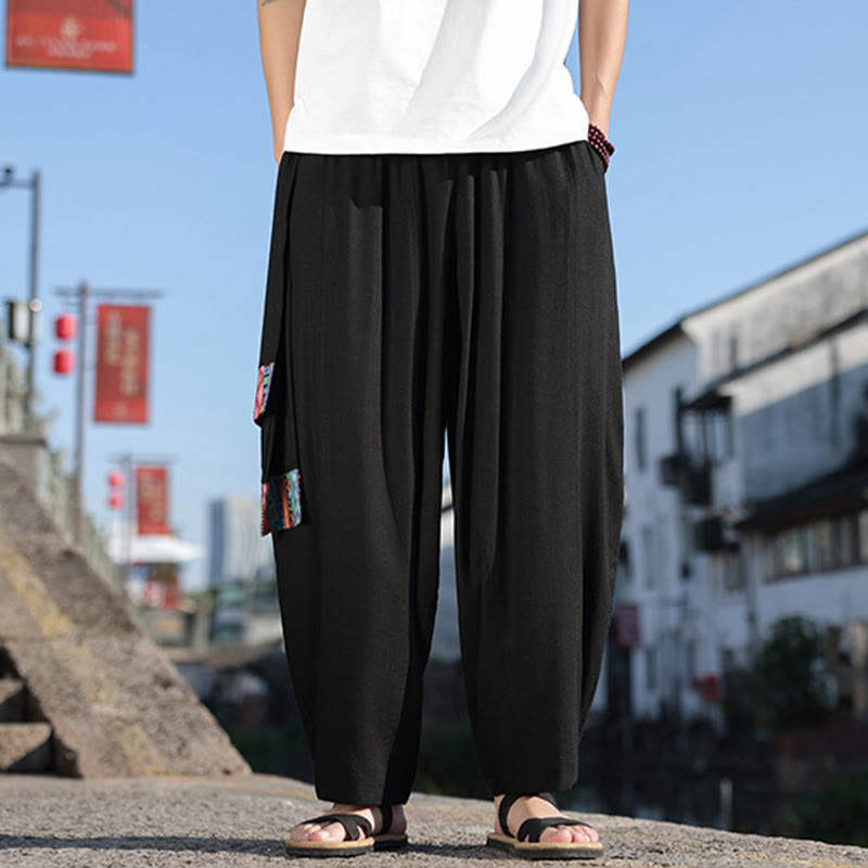 Pantalon large en coton doux avec cordon de serrage et poches pour homme, motif patchwork simple et Buddha Stones
