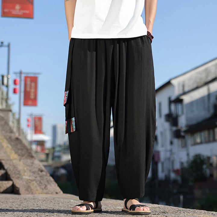 Pantalon large en coton doux avec cordon de serrage et poches pour homme, motif patchwork simple et Buddha Stones