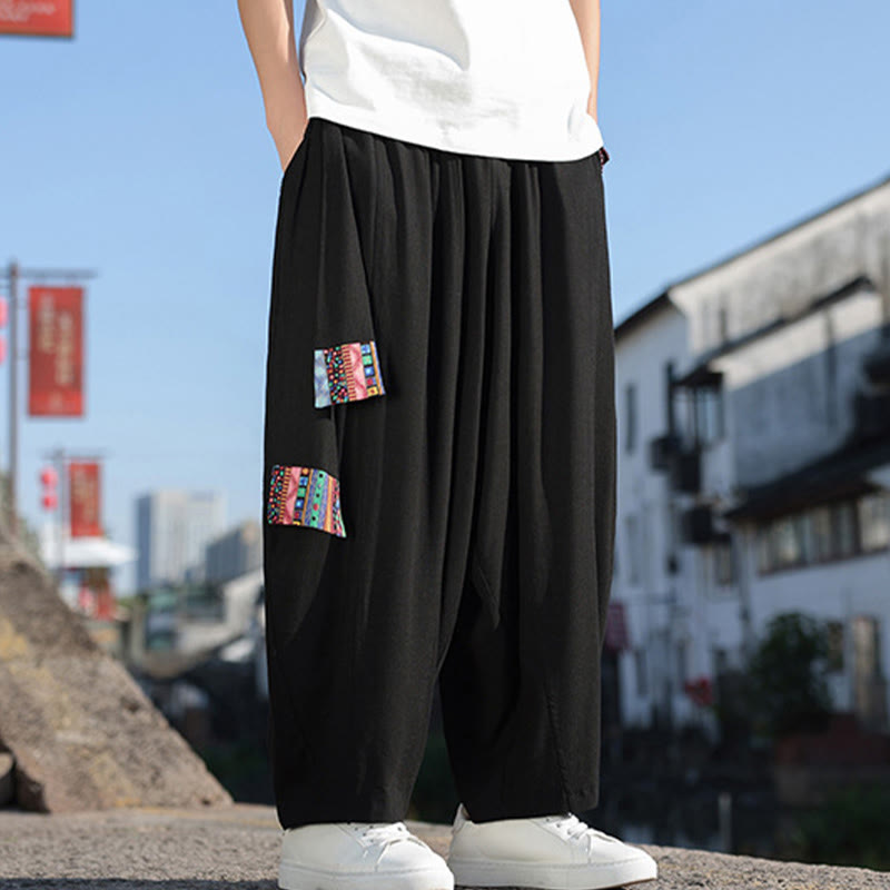 Pantalon large en coton doux avec cordon de serrage et poches pour homme, motif patchwork simple et Buddha Stones