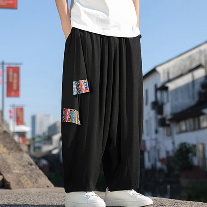Pantalon large en coton doux avec cordon de serrage et poches pour homme, motif patchwork simple et Buddha Stones