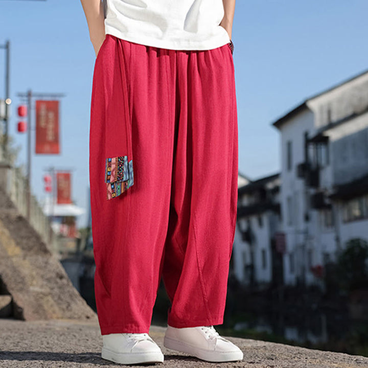 Pantalon large en coton doux avec cordon de serrage et poches pour homme, motif patchwork simple et Buddha Stones