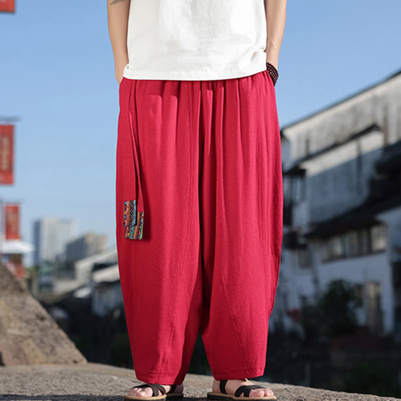 Pantalon large en coton doux avec cordon de serrage et poches pour homme, motif patchwork simple et Buddha Stones