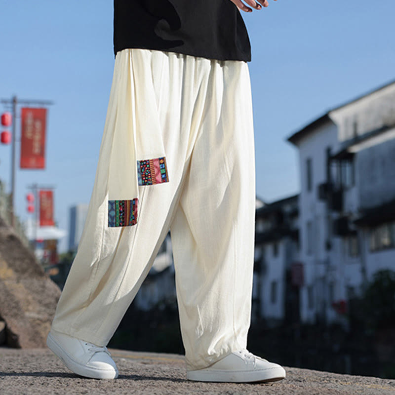Pantalon large en coton doux avec cordon de serrage et poches pour homme, motif patchwork simple et Buddha Stones