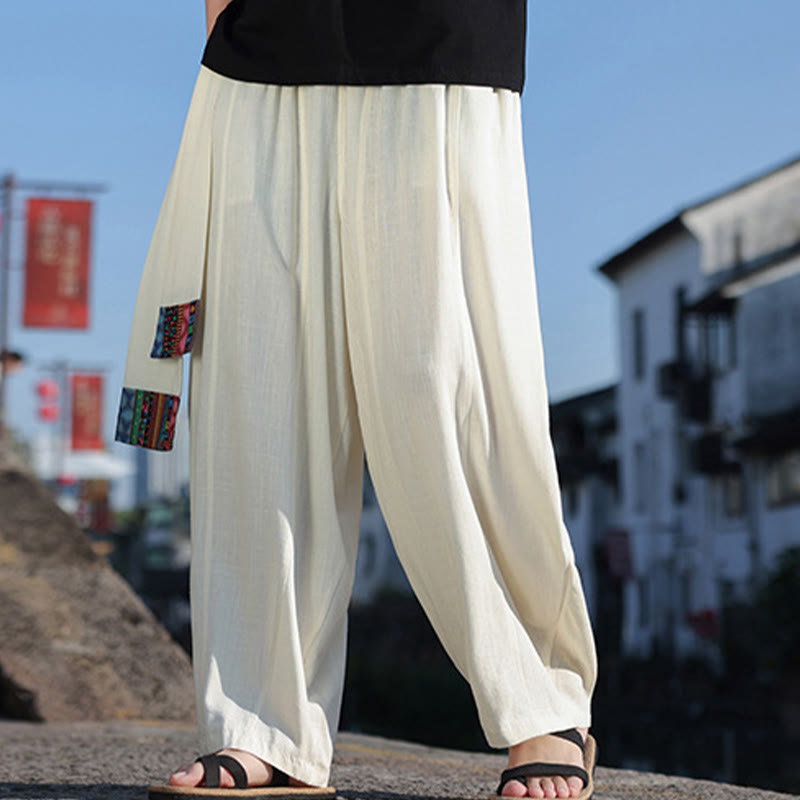 Pantalon large en coton doux avec cordon de serrage et poches pour homme, motif patchwork simple et Buddha Stones - image 5