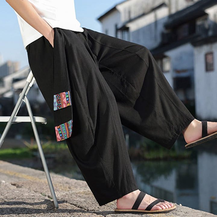 Pantalon large en coton doux avec cordon de serrage et poches pour homme, motif patchwork simple et Buddha Stones