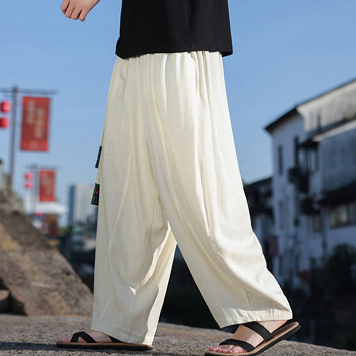 Pantalon large en coton doux avec cordon de serrage et poches pour homme, motif patchwork simple et Buddha Stones